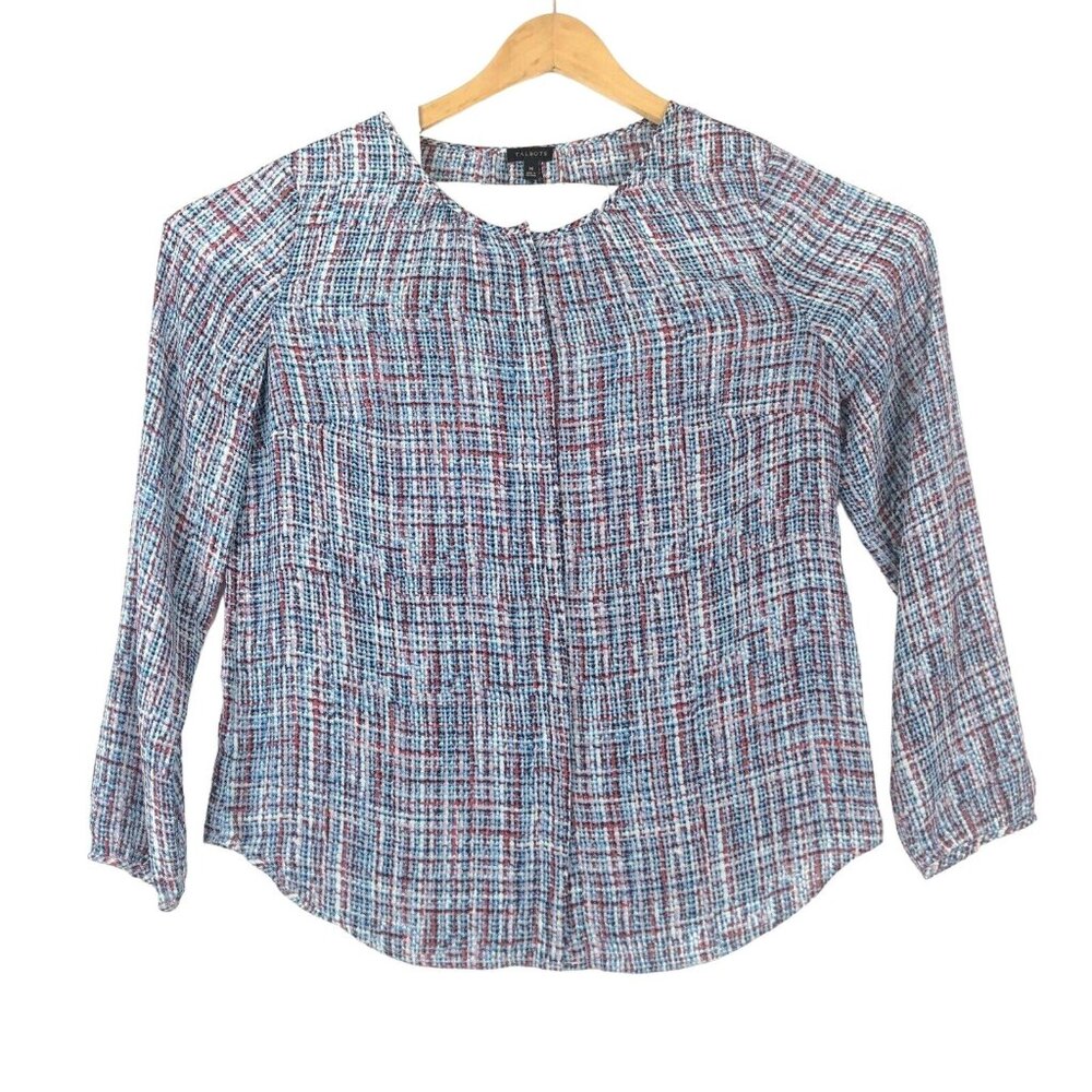 Talbots Womens M Blue Abstract Print Front Button Blouse Long Sleeve Round Neck